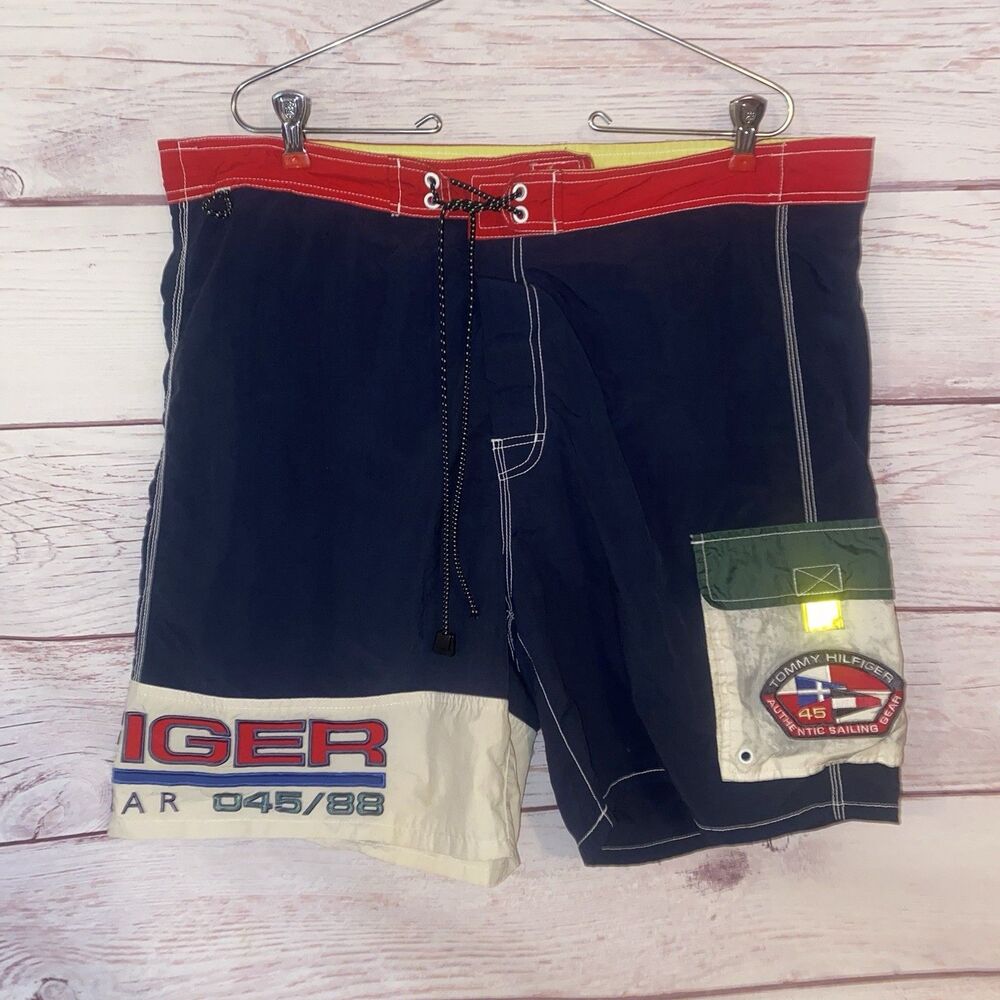Vtg 90s Tommy Hilfiger Sailing Gear Swim Trunks Board Shorts Navy Red Men L Bag